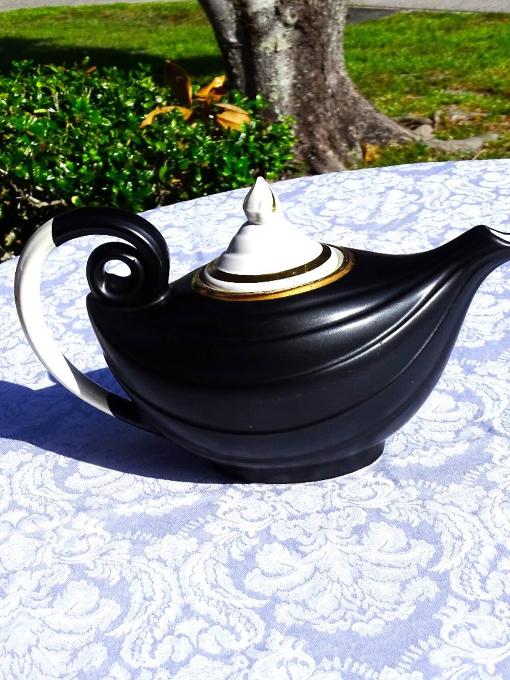 Hall China “Aladdin” Teapot Stunning Black White and Gold